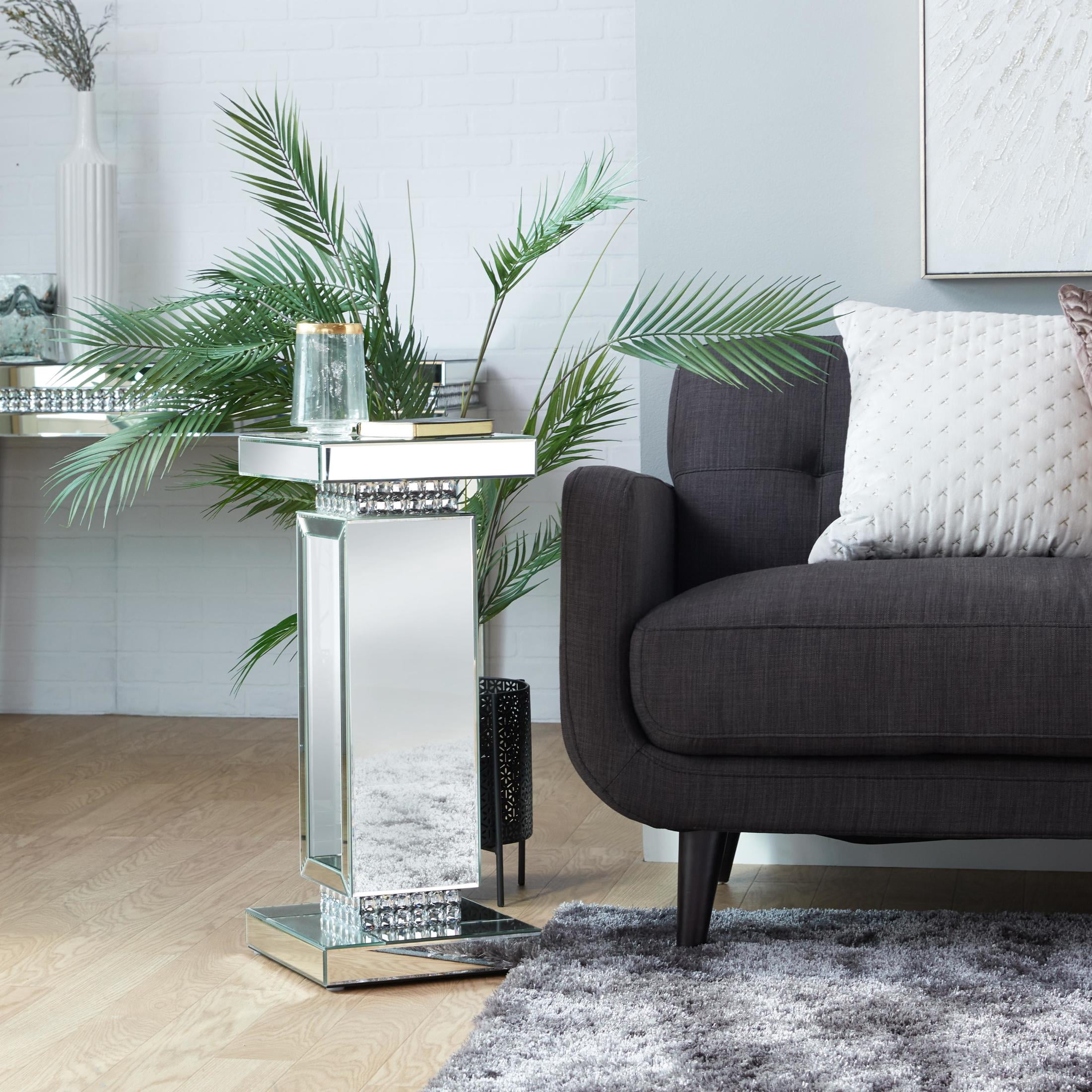 DecMode 12" x 28" Silver Glass Cutout Mirrored Pedestal Table with Beaded Crystal Accents, 1-Piece
