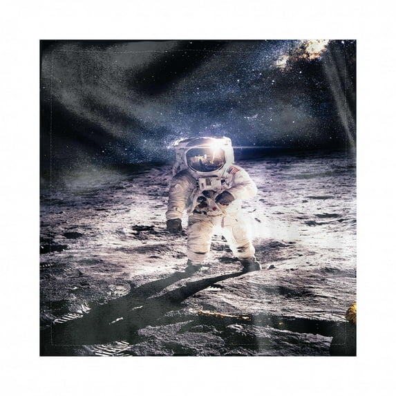 Space Decorative Napkins Set of 4, Spaceman on Moon Surface Orbit Science Exploring Expanding Horizons Picture, Silky Satin Fabric for Brunch Dinner Party, 18", Dark Blue and White, by Ambesonne
