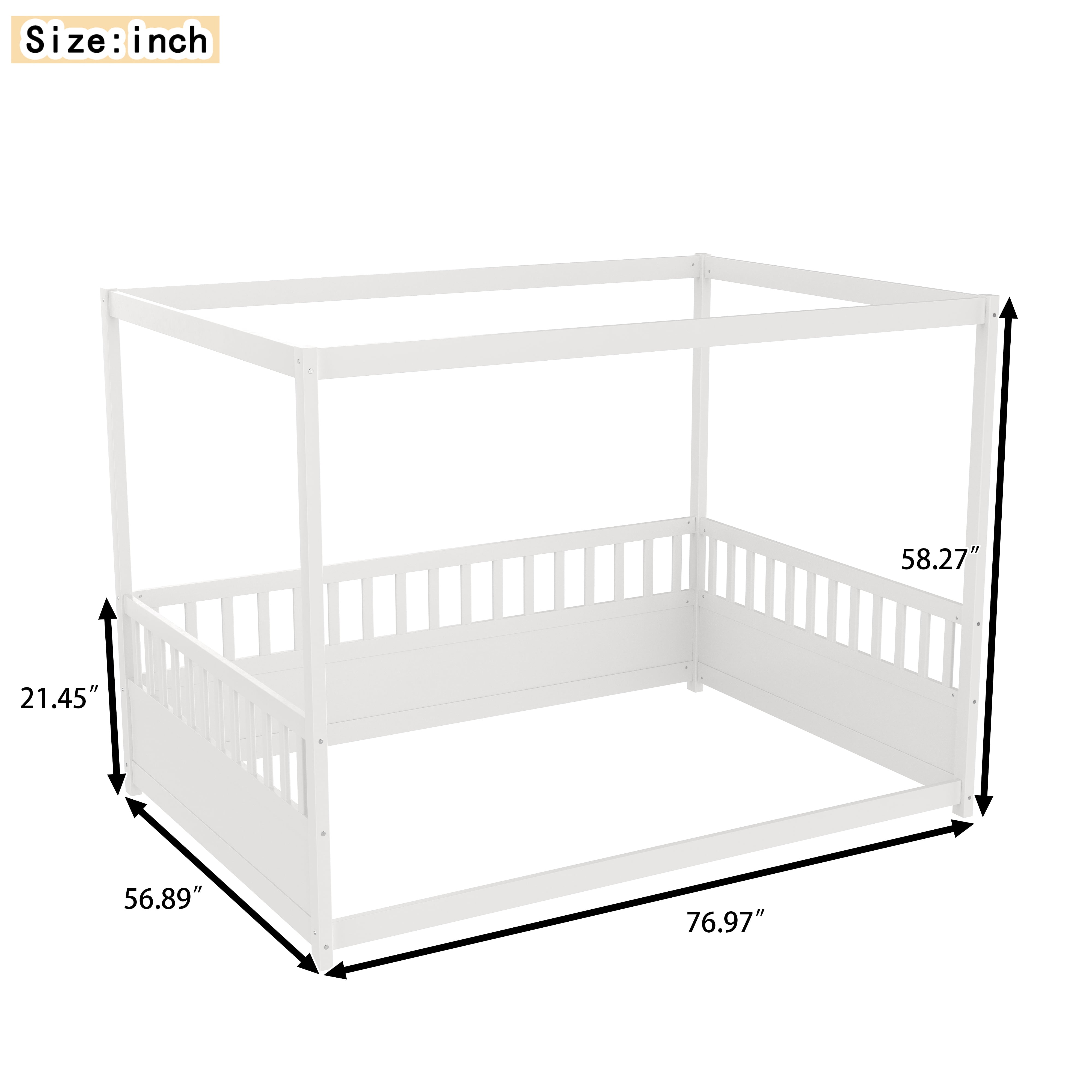 Canopy Bed Frame with Guardrails for Kids, Full Size Floor Bed with Four Poster Design, White Pine Wood Montessori Bed, Low Profile Floor Bed with 21.45-Inch Guardrail