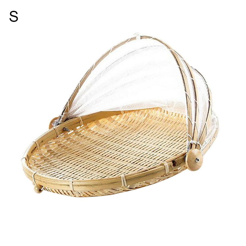 Flunyina Bamboo Serving Tray with Mesh Cover Round Bread Holder Fruit Vegetable Storage Container Snacks Holding Basket for Indoor Outdoor Picnic L S 