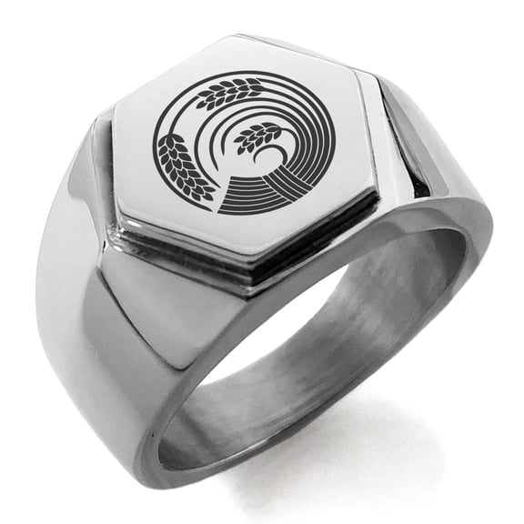 Stainless Steel Circle of Rice Plant Kamon Crest Engraved Hexagon Crest Flat Top Biker Style Polished Ring