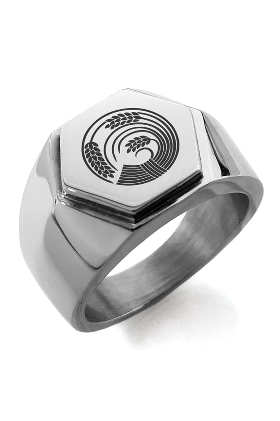 Stainless Steel Circle of Rice Plant Kamon Crest Engraved Hexagon Crest Flat Top Biker Style Polished Ring