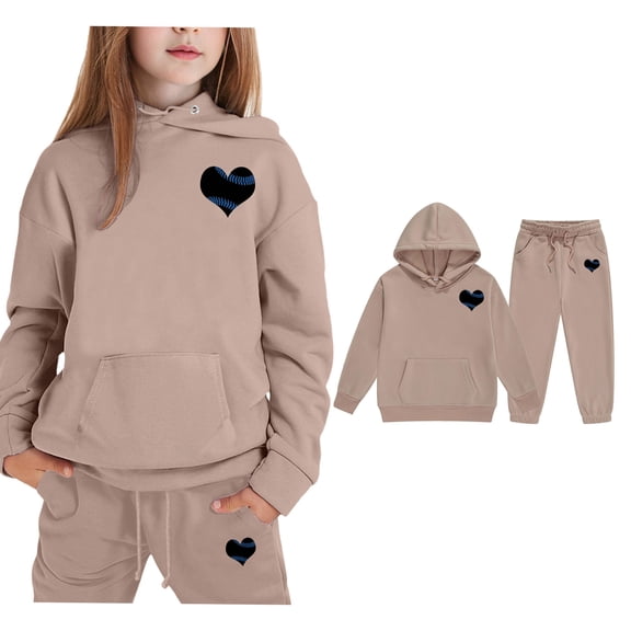 LIUYUNNN Kids Sweatsuit Set for Girls 2 Piece Long Sleeve Khaki Heart Pullover Hoodie Sweatshirt and Jogger Sweatpants Winter Clothes Teen Girls Clothes 4-5 Years Boys Girls Autumn and Winter Outfits