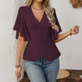 thumbnail image 5 of Stichou Women's Shirts Long Sleeve Dressy Spring Casual Classic Elegant V-Neck Button Decorated Flare Sleeve Fashion Blouses Wine L, 5 of 6