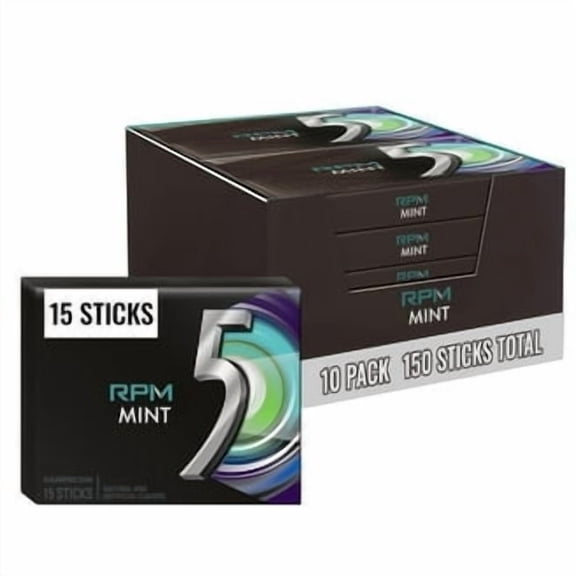 Wrigley’s 5 Gum RPM Mint Sugar-Free Chewing Gum, 10 Packs, 15 Sticks Each (150 Total)