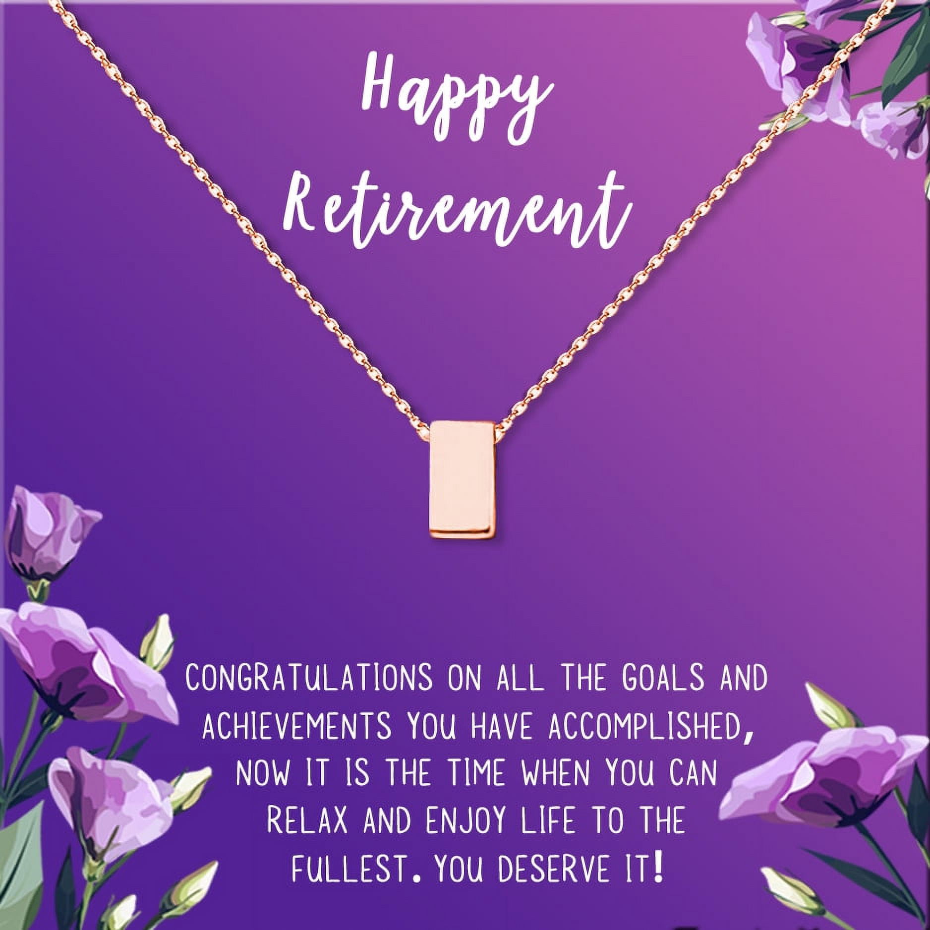 Anavia Happy Retirement Necklace, Retirement Gifts for Women, Retirement Jewelry, Retirement Party Gifts for Retired Teacher Nurse Friend Coworker-[Rose Gold Cube, Royal Purple Gift Card]
