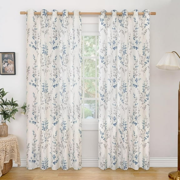 Linen Curtains for Living Room 84 Inch Length 2 Panels, Floral Leaf Patterns, Light Filtering Window Privacy Boho Curtains for Vintage Farmhouse Dining Room, Each 60 Inch Wide, Navy