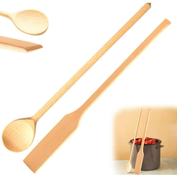 Mr.Woodware Wooden Kitchen Utensils- 24 Inch Long Handle Beech Wood Wok Spatula and Cooking Spoon - 2 in 1 Wooden Cooking Utensils Set for Mixing in Big Stock Pots Cauldron (Spoon & Spatula)