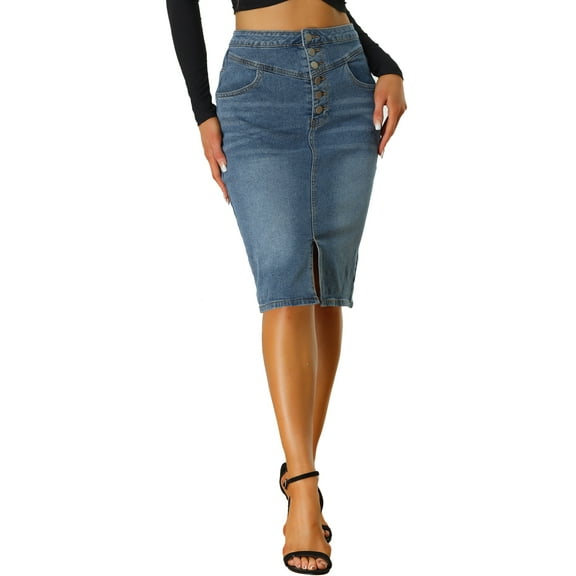 INSPIRE CHIC Women's Jean Skirts High Waist Front Slit Stretch A-Line Denim Midi Skirt L Blue