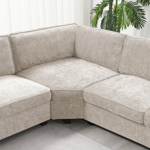 117.5" U-Shaped Chenille Sectional Sofa, 6-Seat Corner Couch Set with Cup Holders & Oversized Chaise Lounge, Irregular Corner Design for Living Room & Apartment, Beige