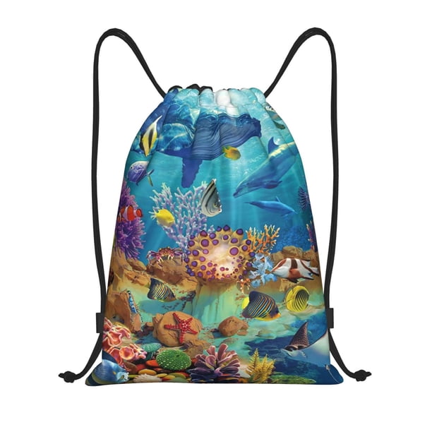 Fotbe Sea World Bolsa Mochila con Cordón Estampada, Bolsa de Gimnasio Deportiva, Bolsa Cinch, Bolsa con Cordón para Hombres y Mujeres-Medium