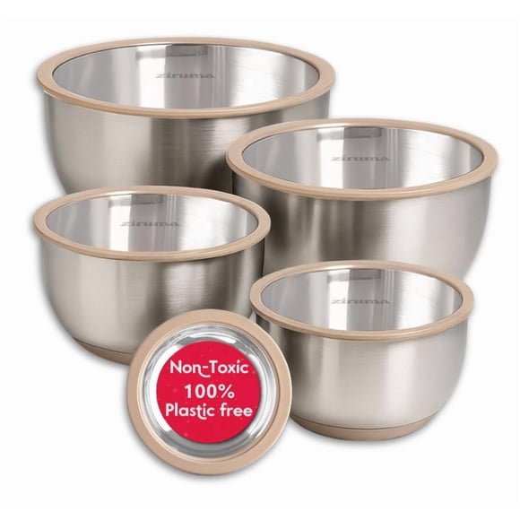 Juego de bowls para mezclar Ziruma de acero inoxidable con tapas de vidrio, 5 piezas