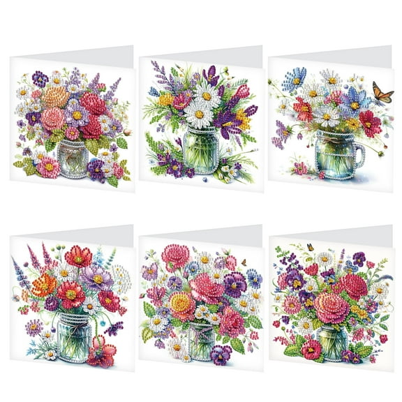 6 pcs Diamond Art Painted Greeting Card, Vase Beautiful Flowers 5D DIY Special Shape Diamond Card Creative Gift, Christmas Thanksgiving Greeting Card Congratulation