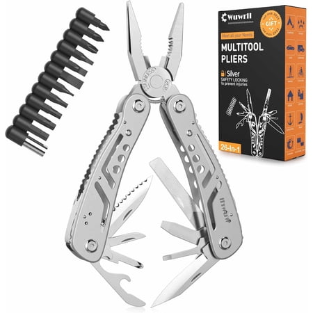 26-in-1 Multitool,Professional Stainless Steel Multi Tools ,Multitool Pliers Pliers Pocket Knife with Heavy Duty Screwdriver Sleeve Replaceable Bits Multitools for Outdoor (silvery)