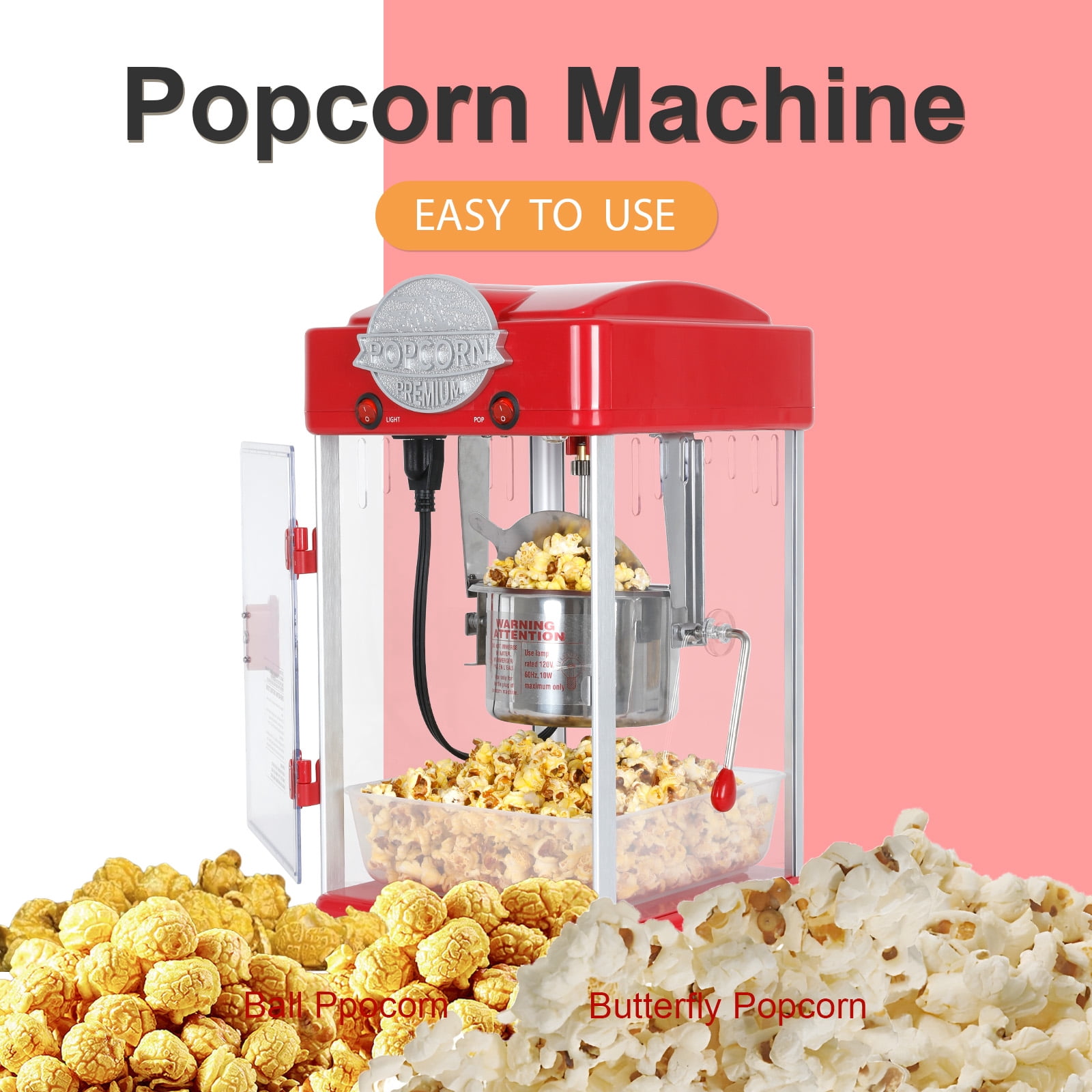 Yoneston 6 oz Commercial Popcorn Machine, 600W Countertop Popcorn Maker, Container Produces 2 Gallon per Cycle, Comes with 3 Ladles, Red