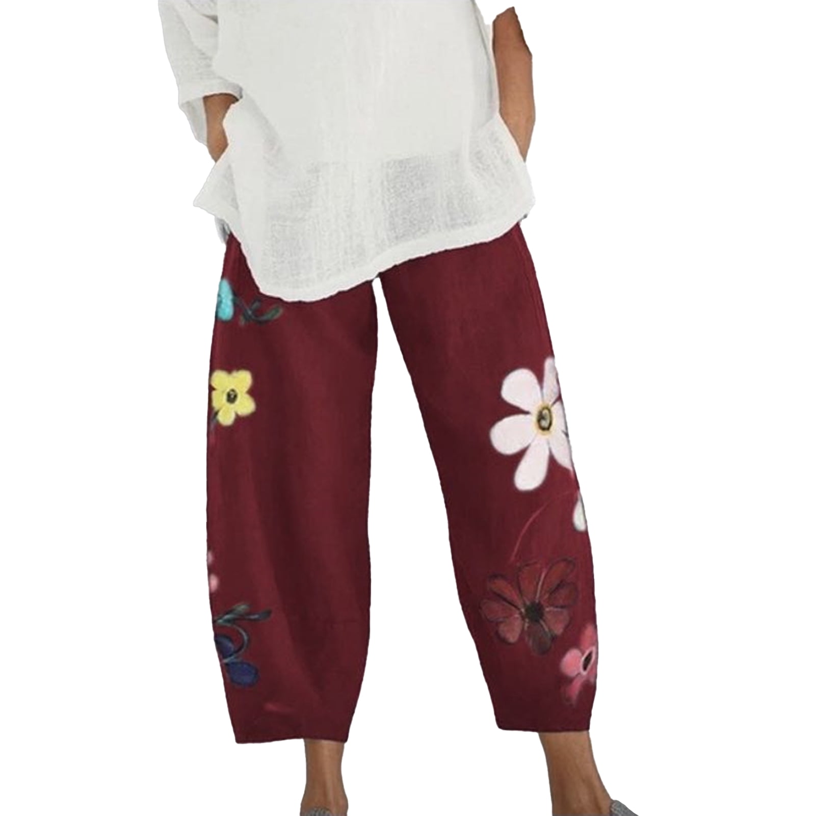 HeJx Flower Print Loose Wide Leg Pocket 