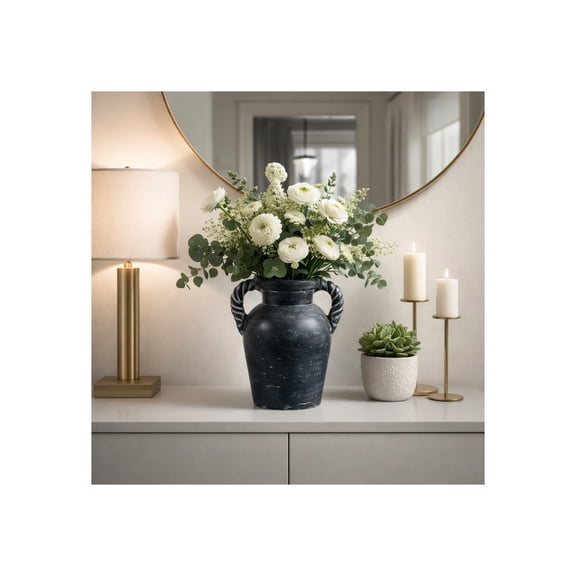 Terracotta Vase with Twisted Handle for Living Room Decor - Vintage Inspired Flower Vase for Bedroom, House, or Table - Decorative Home Decor Accent for Office and Shelf Display - 12", Blue