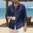 thumbnail image 3 of Stamzod Beach Shirts for Men Solid Color Long Sleeve Flax Button Down Shirt Casual Mens Vacation Shirts Navy-3 XL, 3 of 9