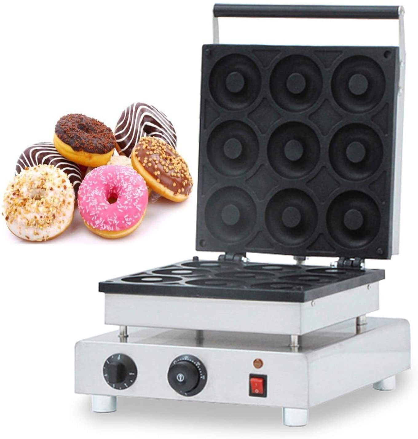 12 pcs Waffle Donut Machine Non-stick Temperature Control Timing Function Double-Sided Heating 1500KW LOYALHEARTDY Commercial Doughnut Baker Maker Machine
