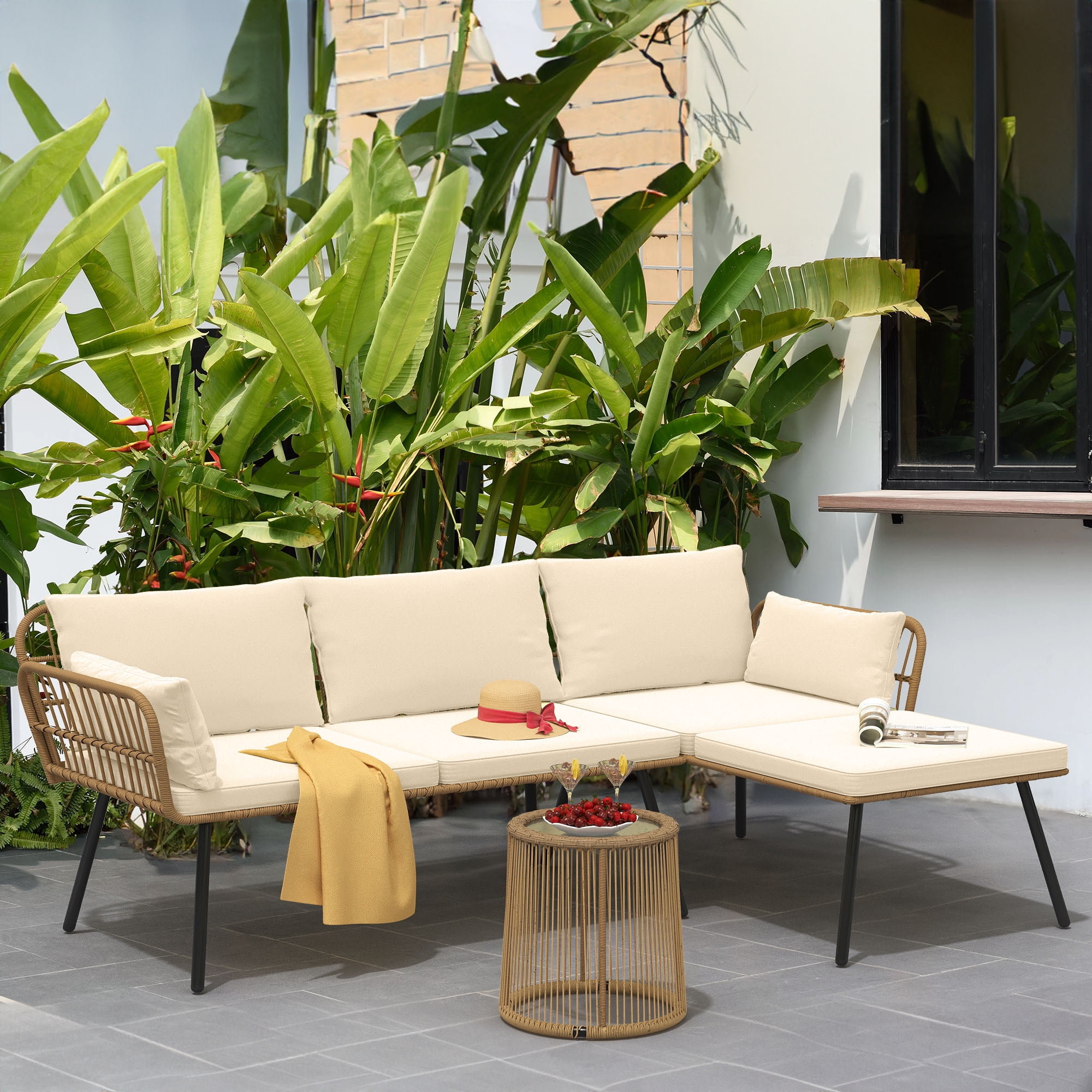 Uforic Boho Patio Conversation Sets,Outdoor Furniture Sofa Set - Club Lounge Chairs egg chair,L-Shaped Patio Sofa and Coffee Table & Cushions - Beige