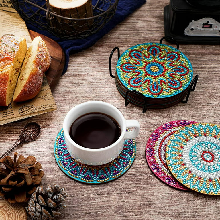 8 Pieces Diamond Painting Coasters with Holder DIY Mandala Coasters Diamond  Painting Kits Diamond Art Coasters Kit Diamond Non Slip Coaster for
