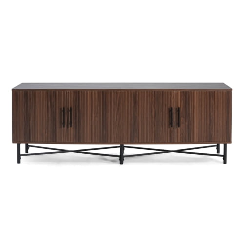 Functional 4-Door TV Cabinet, Modern Chestnut Entertainment Center with Adjustable Shelves, Cable Management, Iron Legs, Storage for Living Room, Fits 65 Inch TV, 66"x18"x23", Easy Assembly