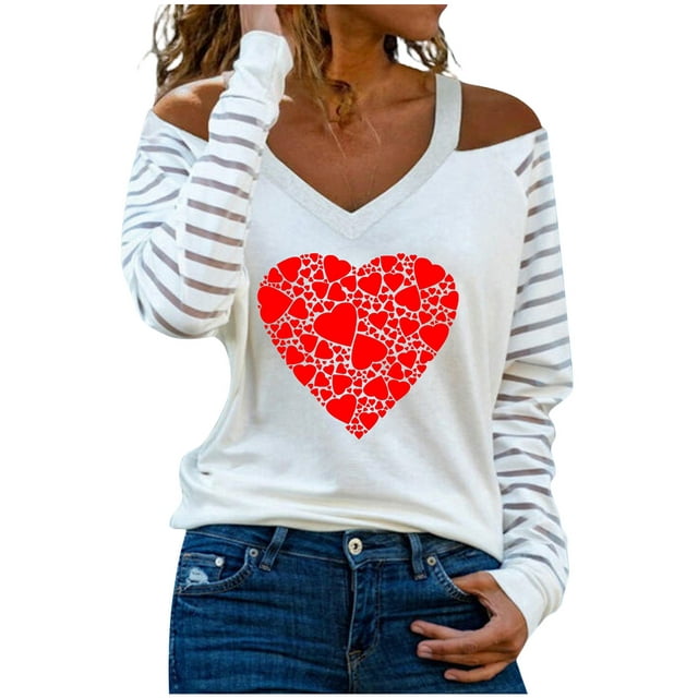 Women Sparkly Heart Shirts Fashion Sweetheart Collar Cold Shoulder Stripe Long Sleeves T-Shirt Pullover Tunic Tops