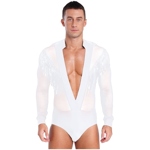RUNQHUI Mens Sparkly Rhinestsones Sequins Performance Dance Costume Deep V Neck Latin Dance Shirt Ballroom Leotard White S
