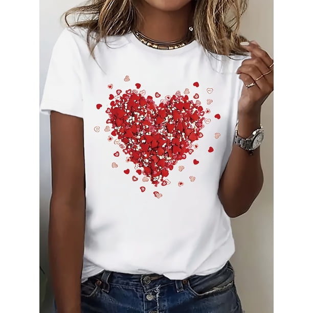 Camiseta de algodón con cuello redondo y estampado de corazones para mujer, informal, de punto, de manga corta, para todas las estaciones, de largo regular, ideal para San Valentín, ideal para el tiem