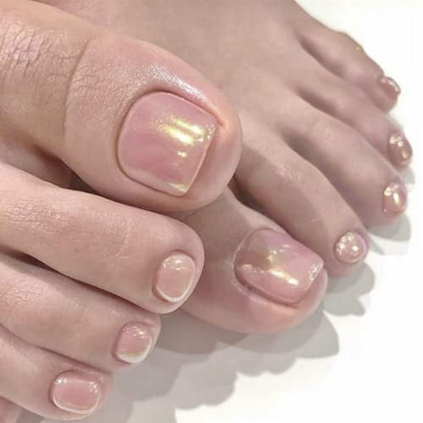 Apuakthei Uñas de los pies de color rosa brillante, uñas postizas cuadradas desnudas para pedicura, uñas postizas con purpurina, lentejuelas acrílicas, uñas postizas para mujeres y niñas