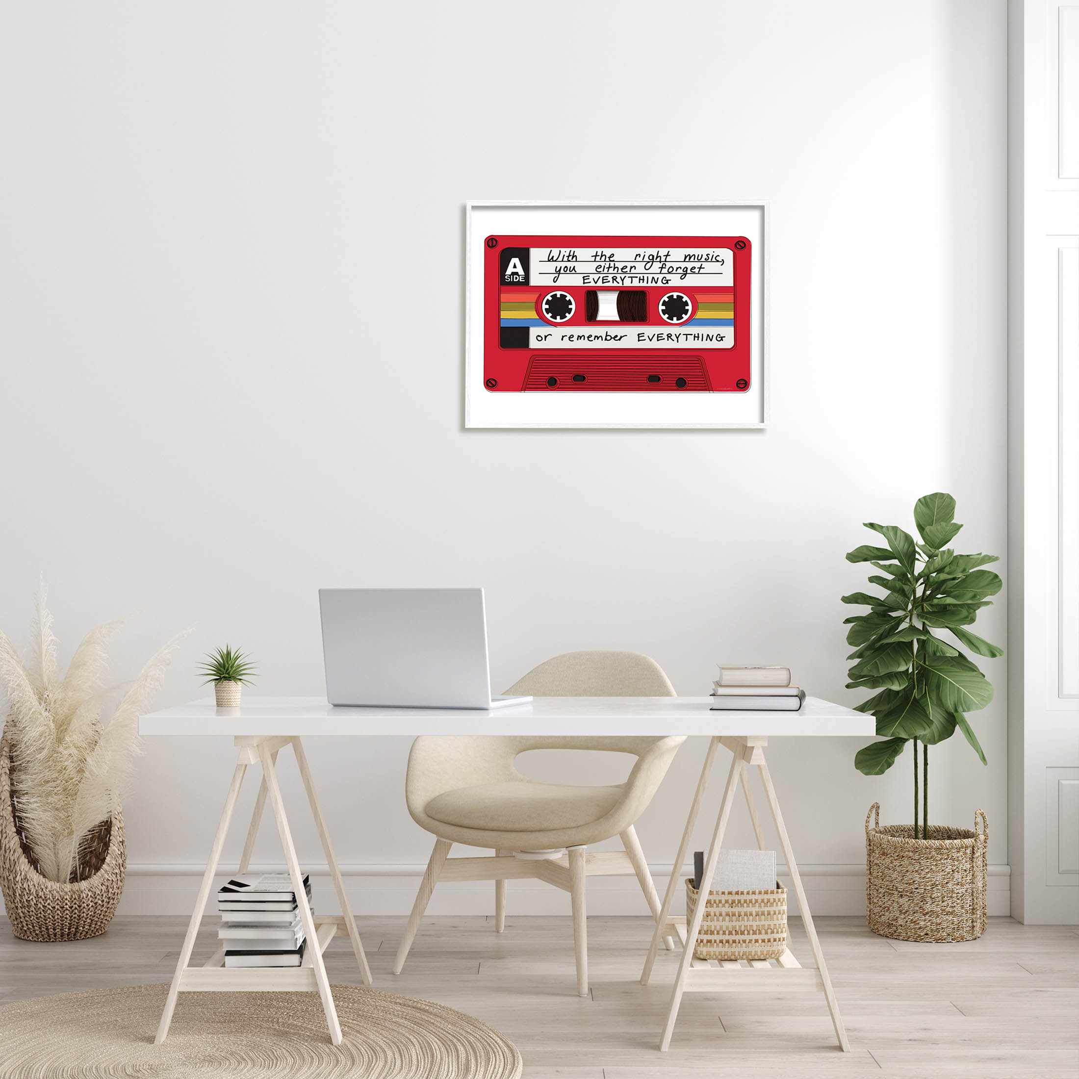 With The Right Music Vintage Cassette Inspirational Graphic Art White Framed Art Print Wall Art