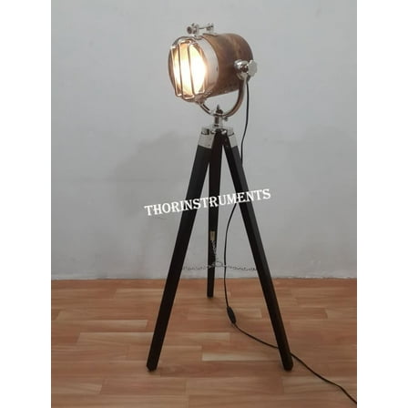 Vintage Style Retro Wood Spot Light Floor Lamp Black Tripod Stand Nautical Spot Search Light