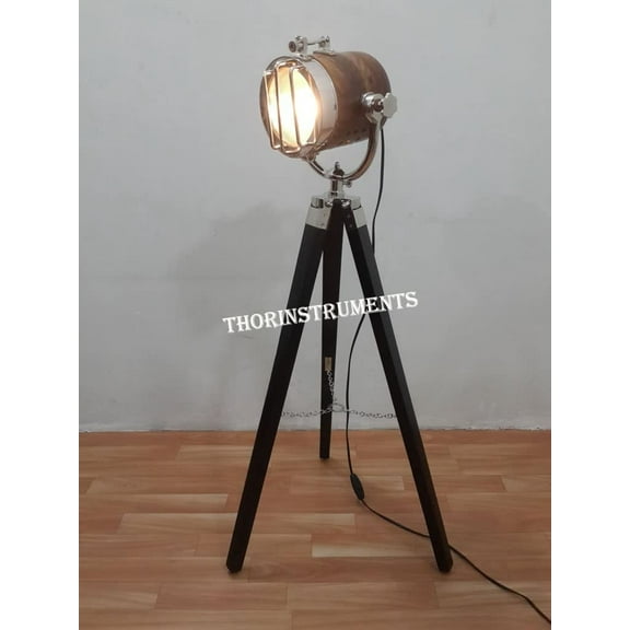 Vintage Style Retro Wood Spot Light Floor Lamp Black Tripod Stand Nautical Spot Search Light