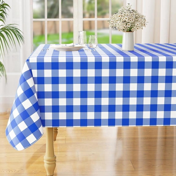 Rectangle Waterproof Vinyl Table Cloth, Buffalo Flannel Backed Tablecloth, Wipeable Plastic Table Cover for Seaside, Picnic, Outdoor (60" x 84", White and Blue)