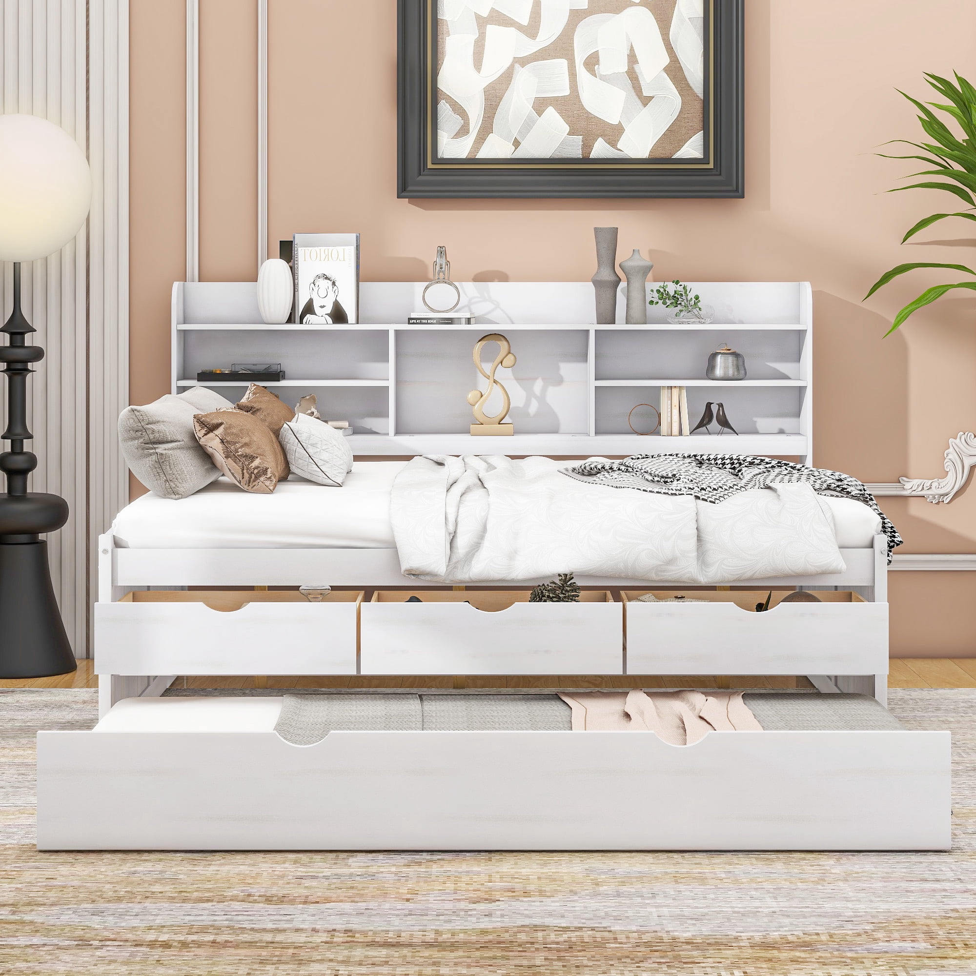 EUROCO Full Size Captain Bed, Daybed with Trundle and Bookcase, Drawers and Shelf Platform Bed,White