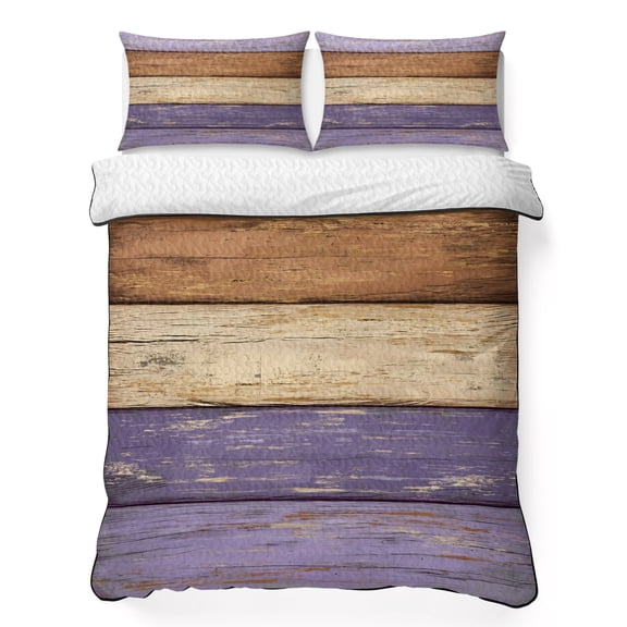 Twin XL Quilt Set, Vintage Farmhouse Wood Board Lightweight Quilt Sets Summer Comforter Coverlets with 2 Pillow Shams, Purple Brown Beige Wooden Breathable 3 Piece Bedding Set for All Seasons