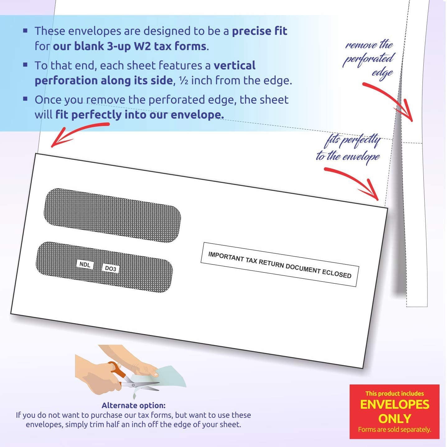 100 Self Seal Envelopes, Designed to fit 2022 3-up Laser W-2 Forms, Horizontal Format