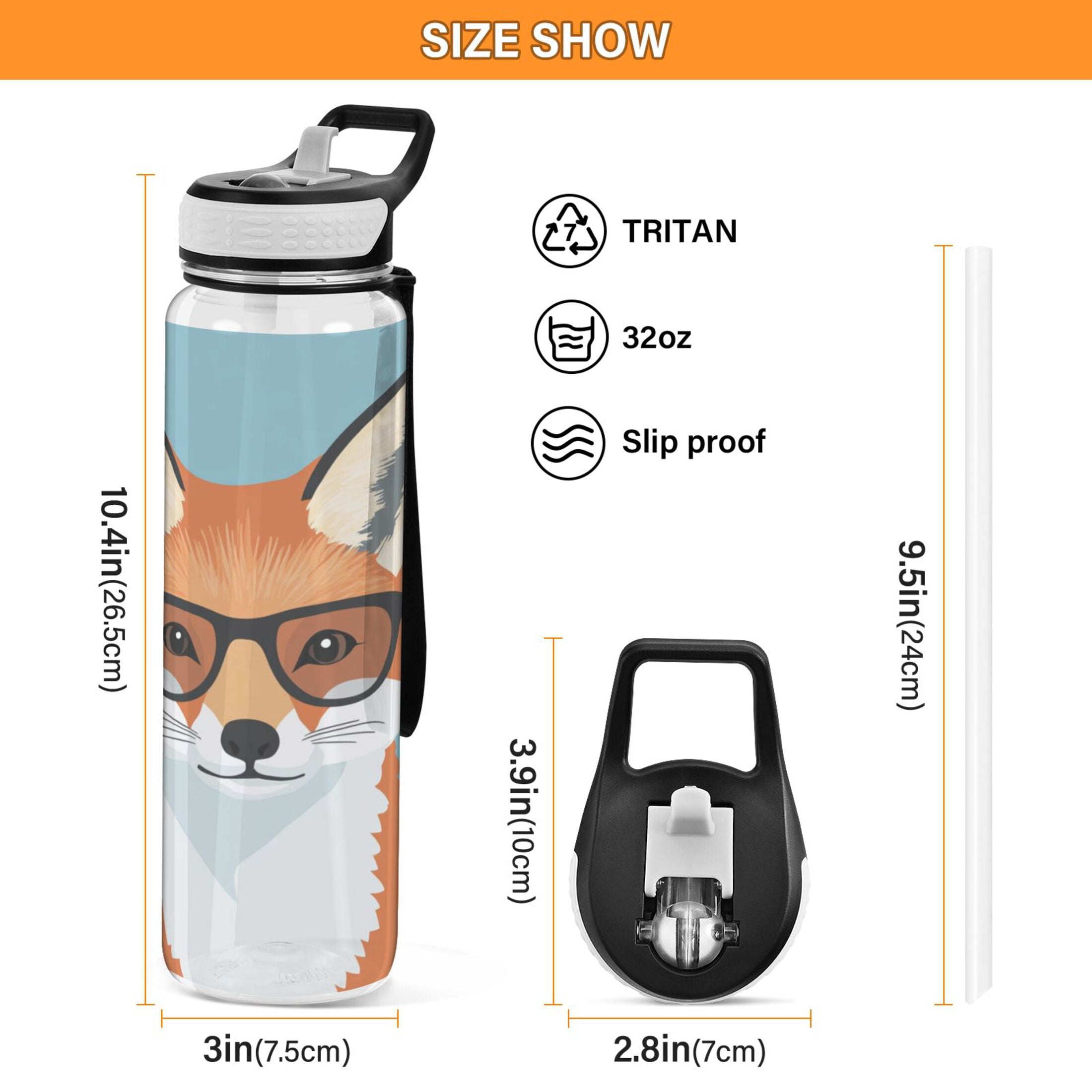Sports Water Bottle 1000ML Tritan Food Grade Clear Water Bottle Fitness Outdoor Sports Bike Cute Fox with Glasses
