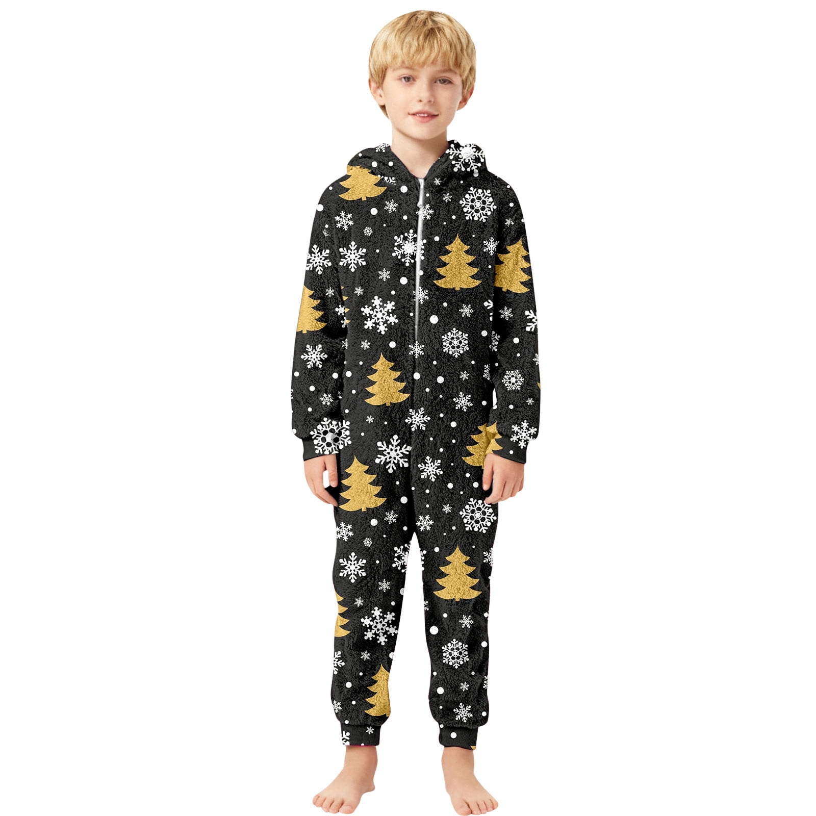 XDZJLR Flannel Christmas Onesie Pajamas For Kids Boys Girls Xmas Cozy Fleece Print Jumpsuit Hooded Romper Winter Holiday Outfit Soft Thermal Loungewear Toddler Kid Nightwear Black 9-10 Years