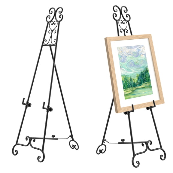 Vintage Scrollwork Metal Easel Stand Adjustable Floor Tripod Display for Wedding Signs Posters – Black