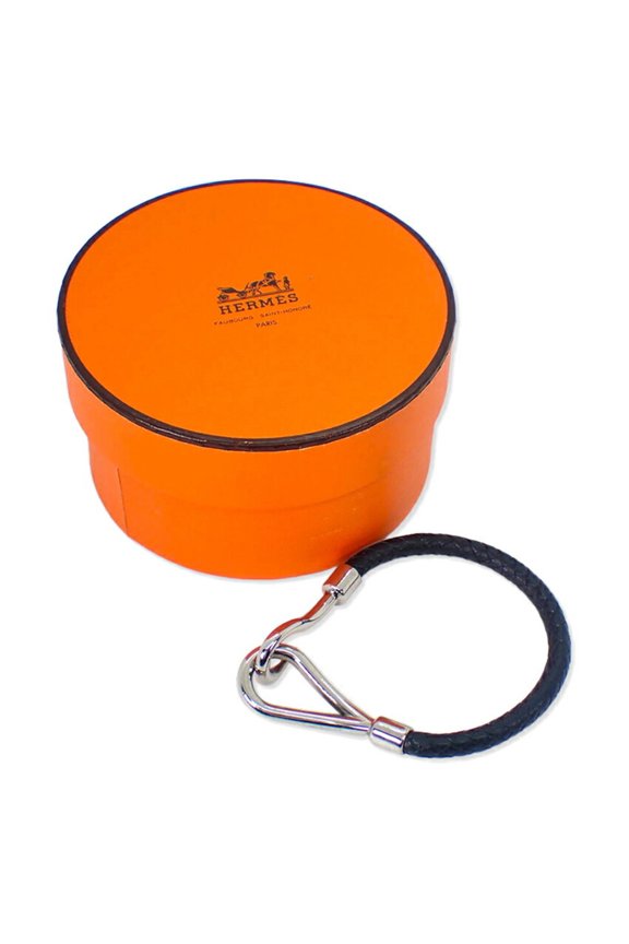 Pre-Owned HERMES black leather mesh bracelet with silver hardware and hooks, j86-3 (Good)