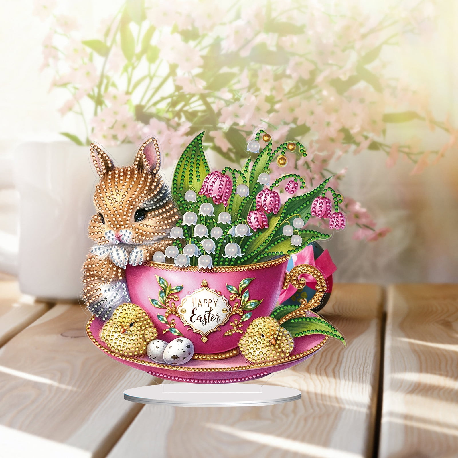 FLOPESN DIY Diamond Art Painting Easter Bunny Ornament Kits with Oval Base, Single-Sided Diamond Painting PET Craft for Home Decor