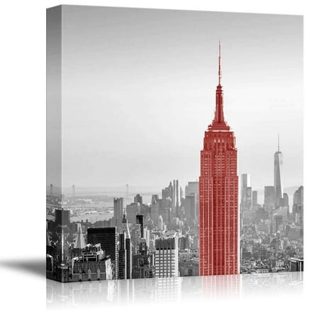 wall26 Black and White Photograph of New York with a Pop of Red on The Empire State Building - Canvas Art Home Decor - 16x16