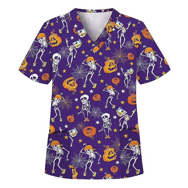 Halloween mujeres uniforme de enfermería Scrub Tops manga corta impresa ropa de trabajo camiseta con bolsillo