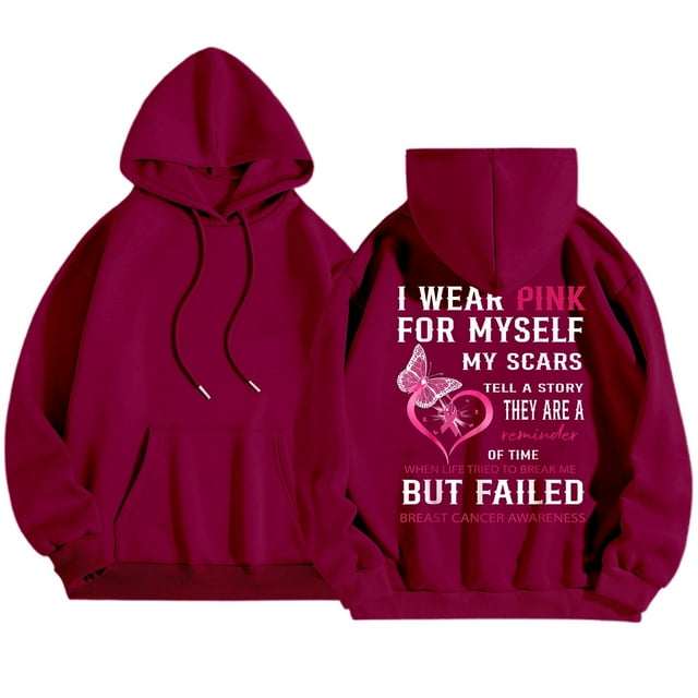 Breast Cancer Awareness Ladies Long Sleeve Hoodie Letter Print Pullover Sweatshirt Ideal For Everyday Comfort And Support