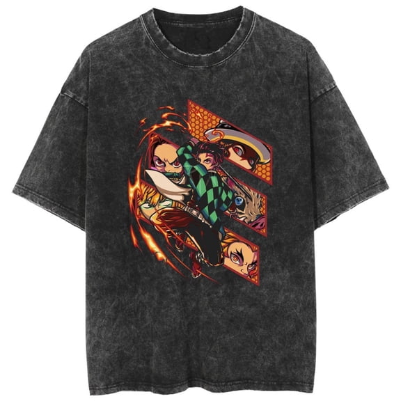 Duoxingbao Hot-selling new washed T-shirt anime Demon Slayer loose-fitting retro style unisex.