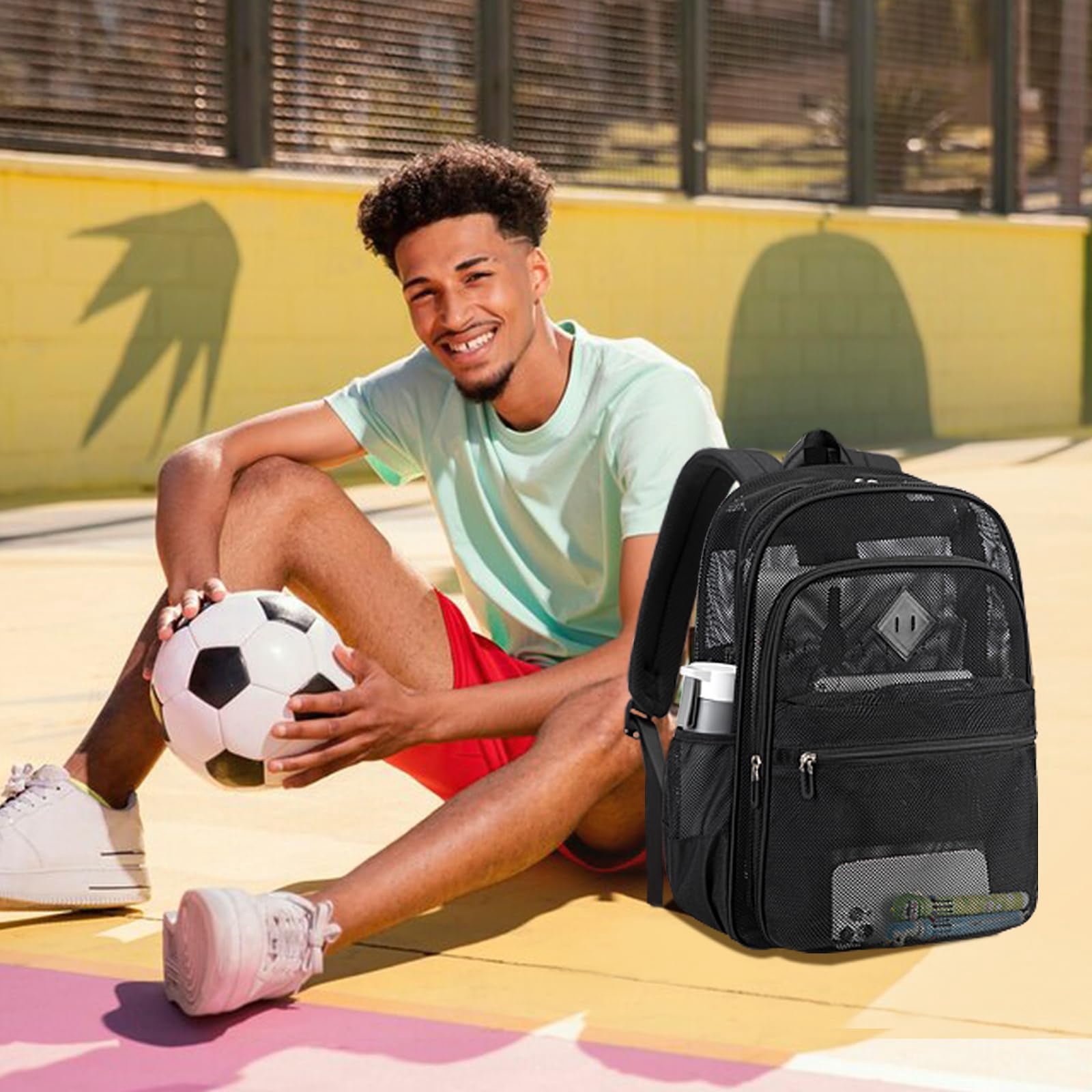 Soda Candy Mesh Backpack Heavy Duty See Through School Backpacks Transparent Bookbag Semi-Transparent Net Book Bags for Swimming, Beach, Sports, Work, Travel, Black