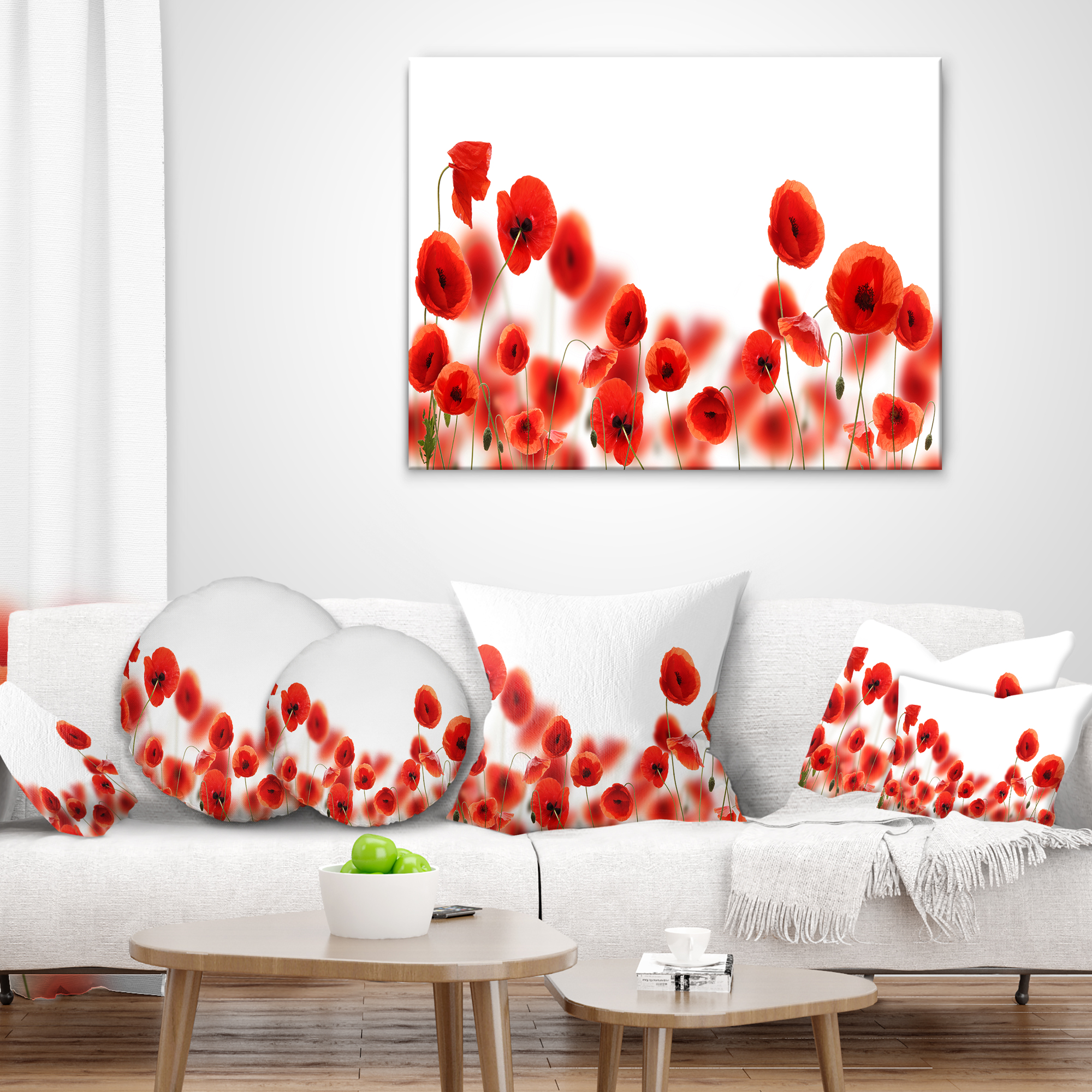 Designart Lovely Poppy Flowers on White - Floral Throw Pillow - 16x16