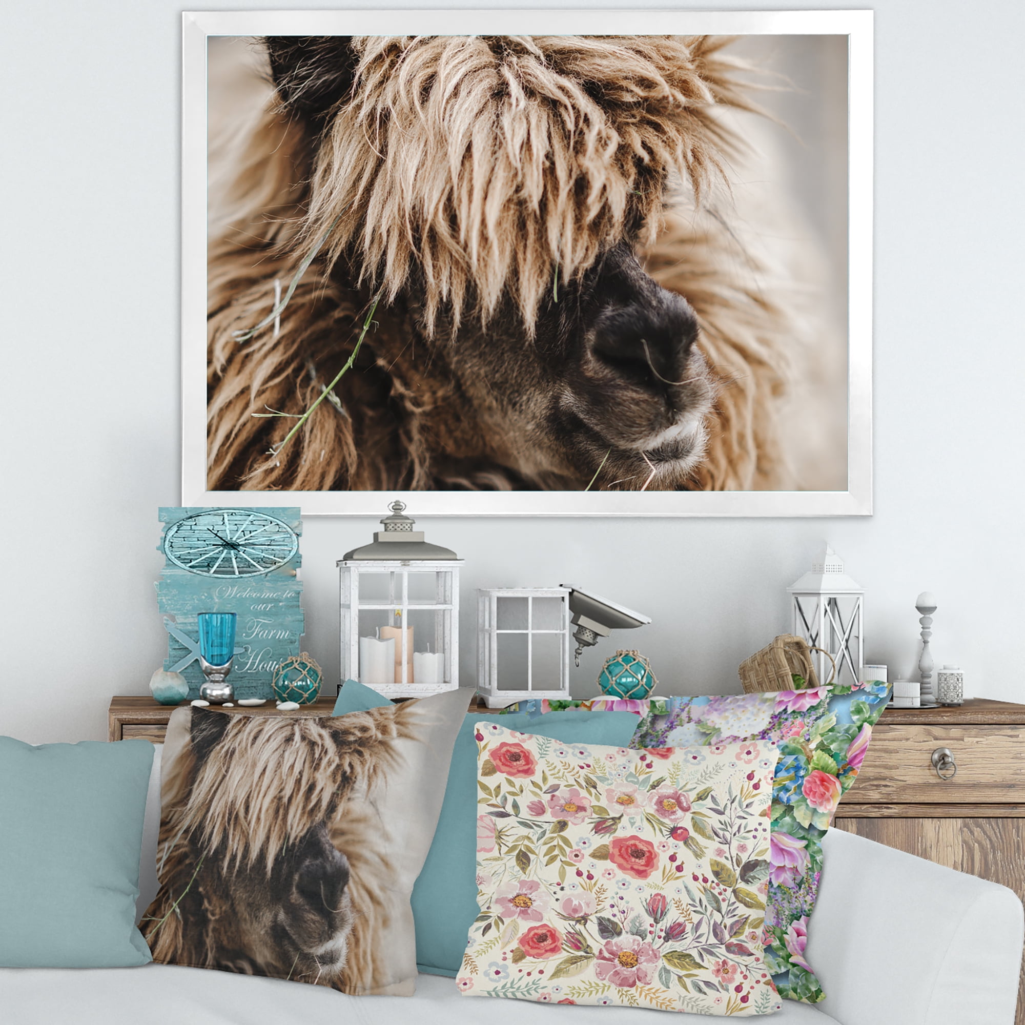 Designart 'Close Up Of Fluffy Curly Alpaca' Farmhouse Framed Art Print