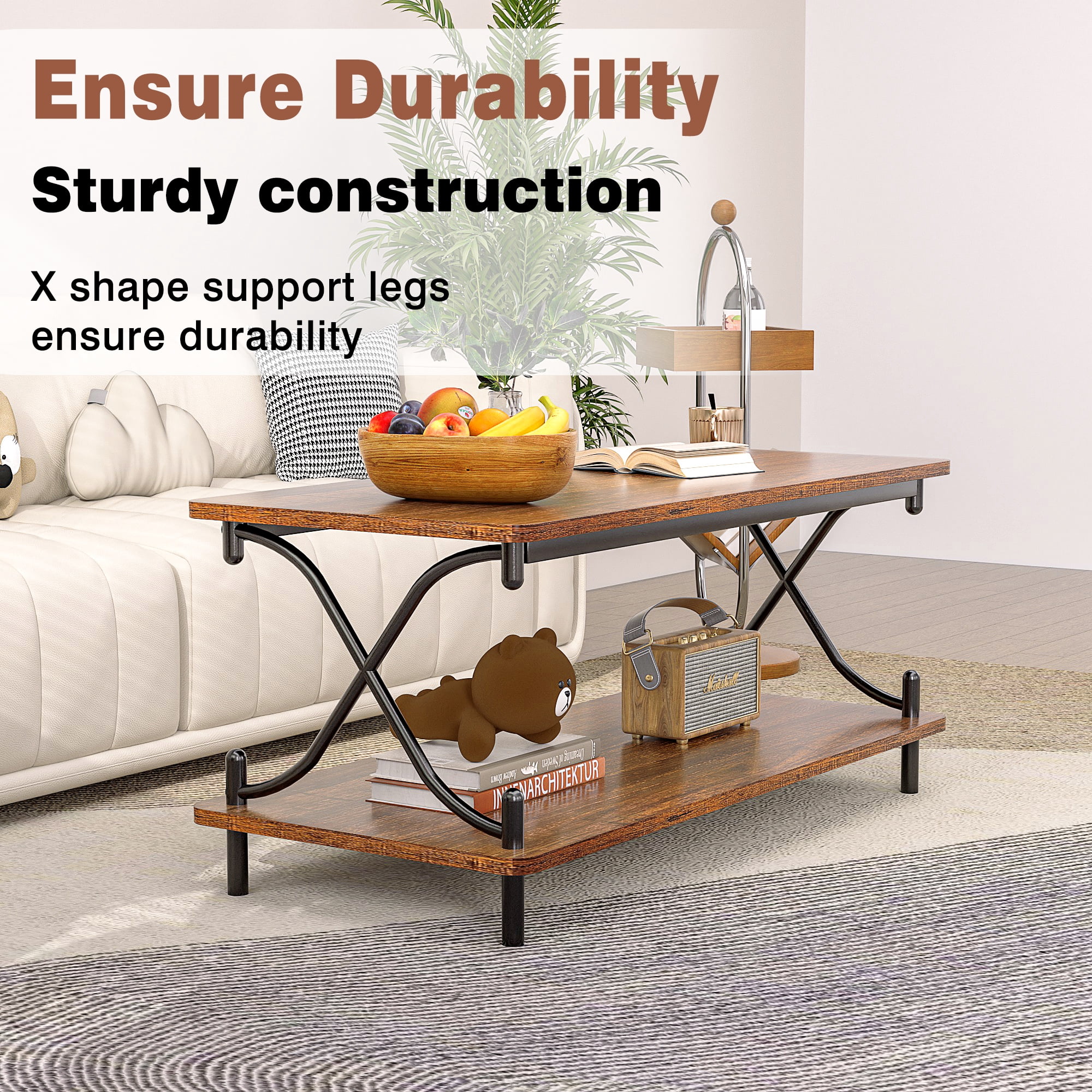 VECELO Rectangle Coffee Table with Storage Shelf, Modern X-Design Side Metal Frame for Living Room Office, Brown